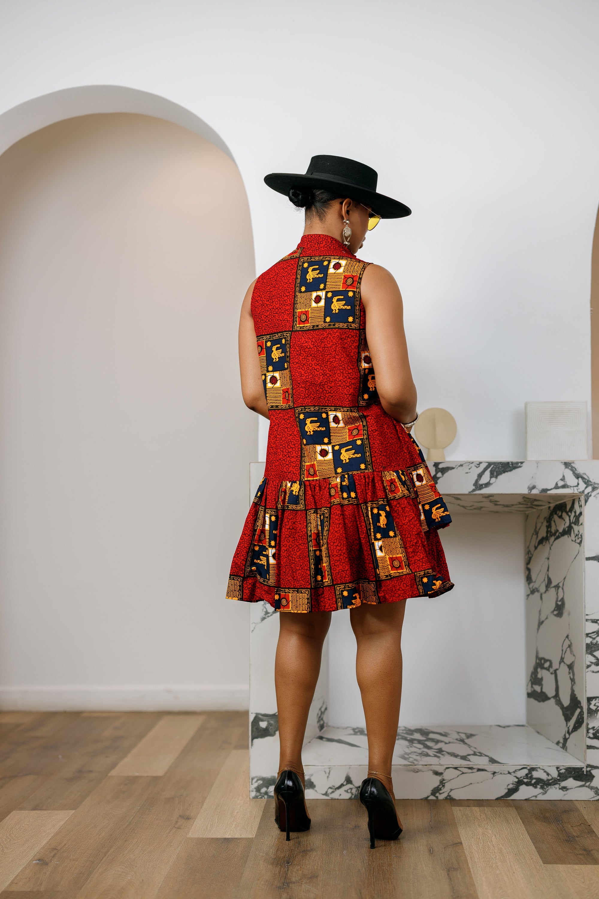 LAILA AFRICAN PRINT SLEEVELESS TIERED BUTTON DRESS [RED] - DEA collection