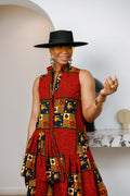 LAILA AFRICAN PRINT SLEEVELESS TIERED BUTTON DRESS [RED] - DEA collection