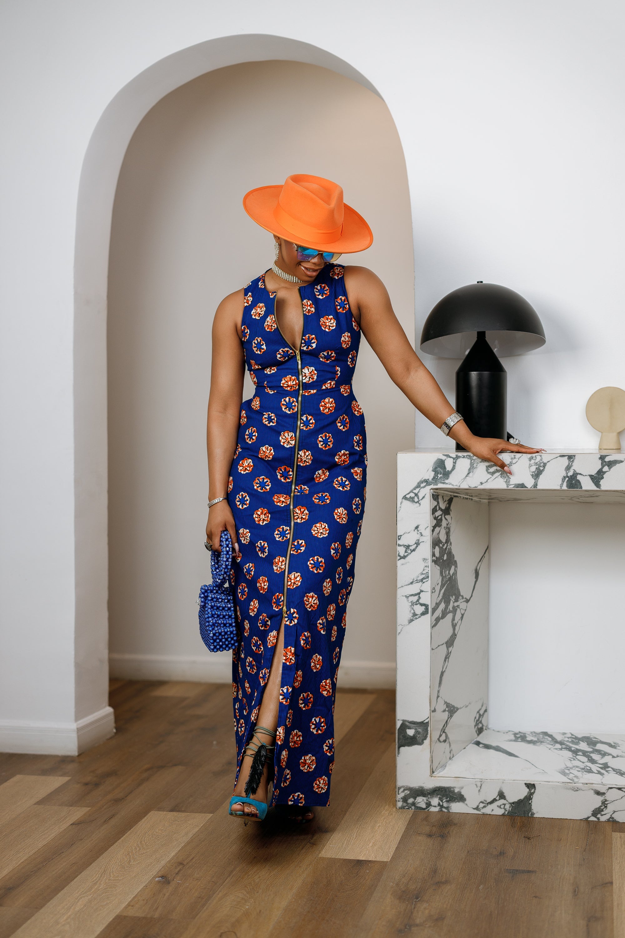 HALIMA AFRICAN PRINT MAXI FRONT ZIP DRESS [BLUE] - DEA collection