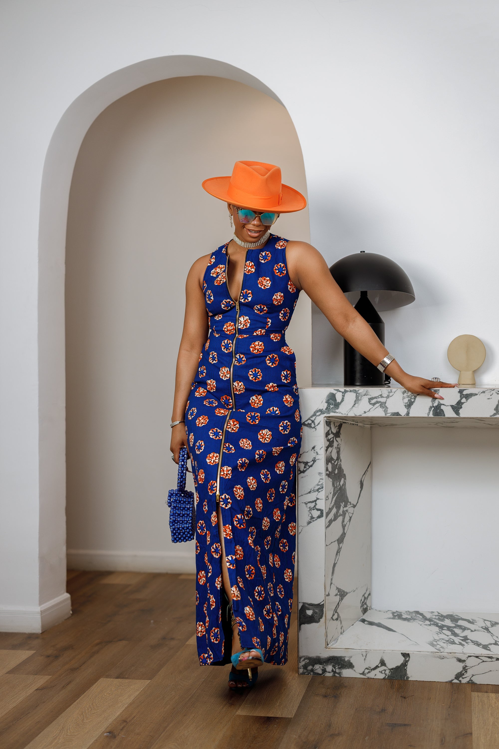 HALIMA AFRICAN PRINT MAXI FRONT ZIP DRESS [BLUE] - DEA collection