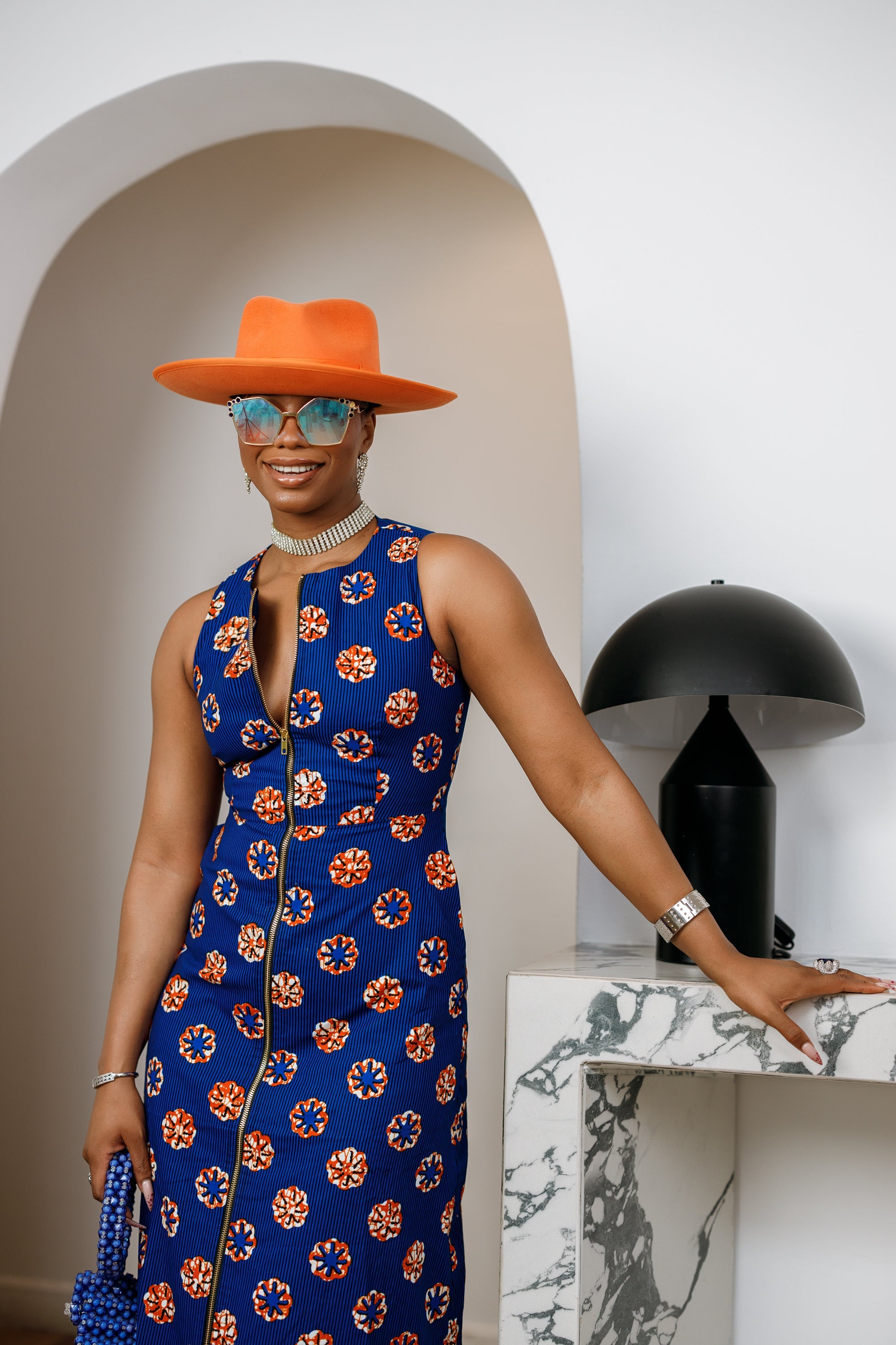 HALIMA AFRICAN PRINT MAXI FRONT ZIP DRESS [BLUE] - DEA collection