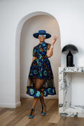 VALENTINA AFRICAN PRINT BUTTON MESH DRESS [BLUE] - DEA collection