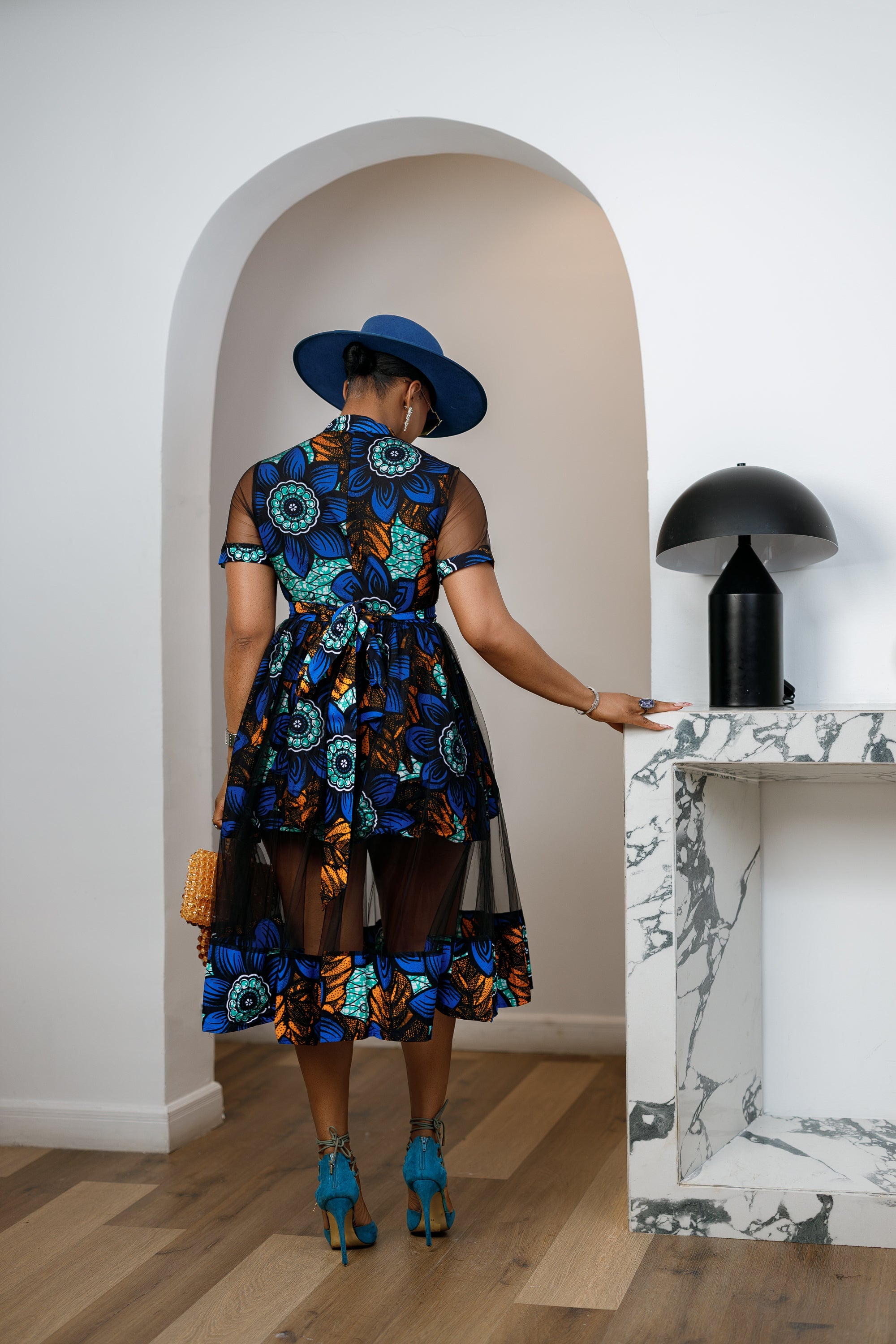 VALENTINA AFRICAN PRINT BUTTON MESH DRESS [BLUE] - DEA collection