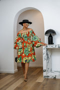 BISI AFRICAN PRINT SMOCKED OFF SHOULDER MIDI DRESS [ORANGE] - DEA collection