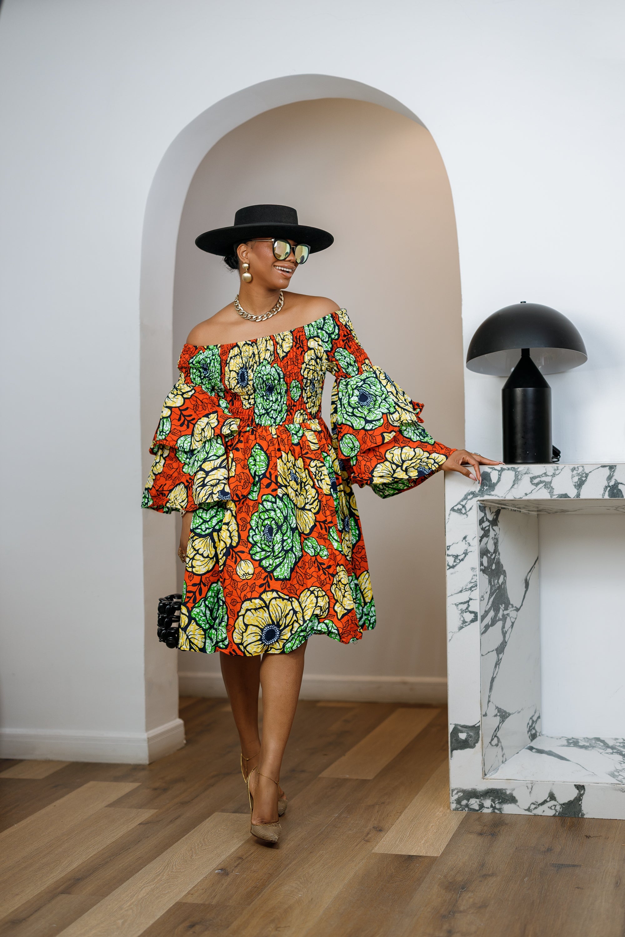 BISI AFRICAN PRINT SMOCKED OFF SHOULDER MIDI DRESS [ORANGE] - DEA collection