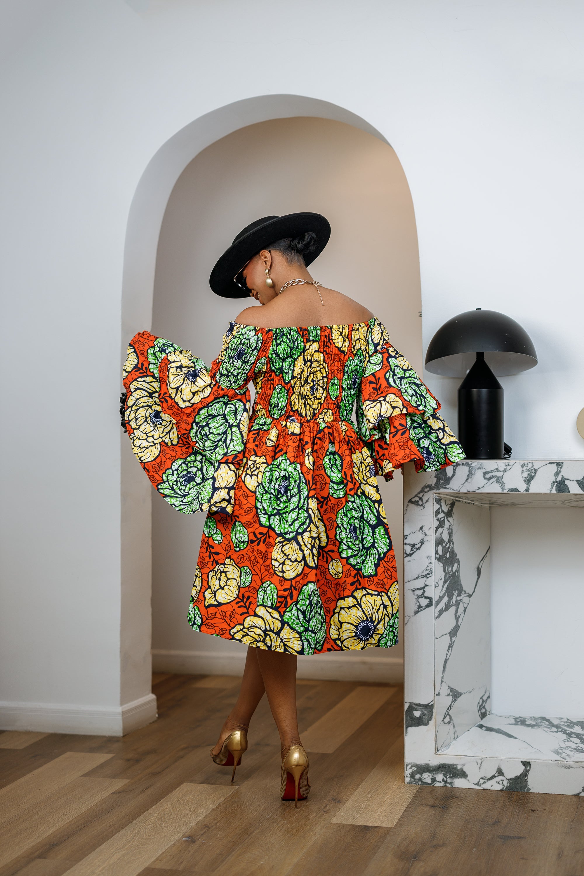 BISI AFRICAN PRINT SMOCKED OFF SHOULDER MIDI DRESS [ORANGE] - DEA collection