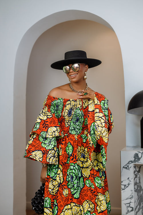 BISI AFRICAN PRINT SMOCKED OFF SHOULDER MIDI DRESS [ORANGE] - DEA collection