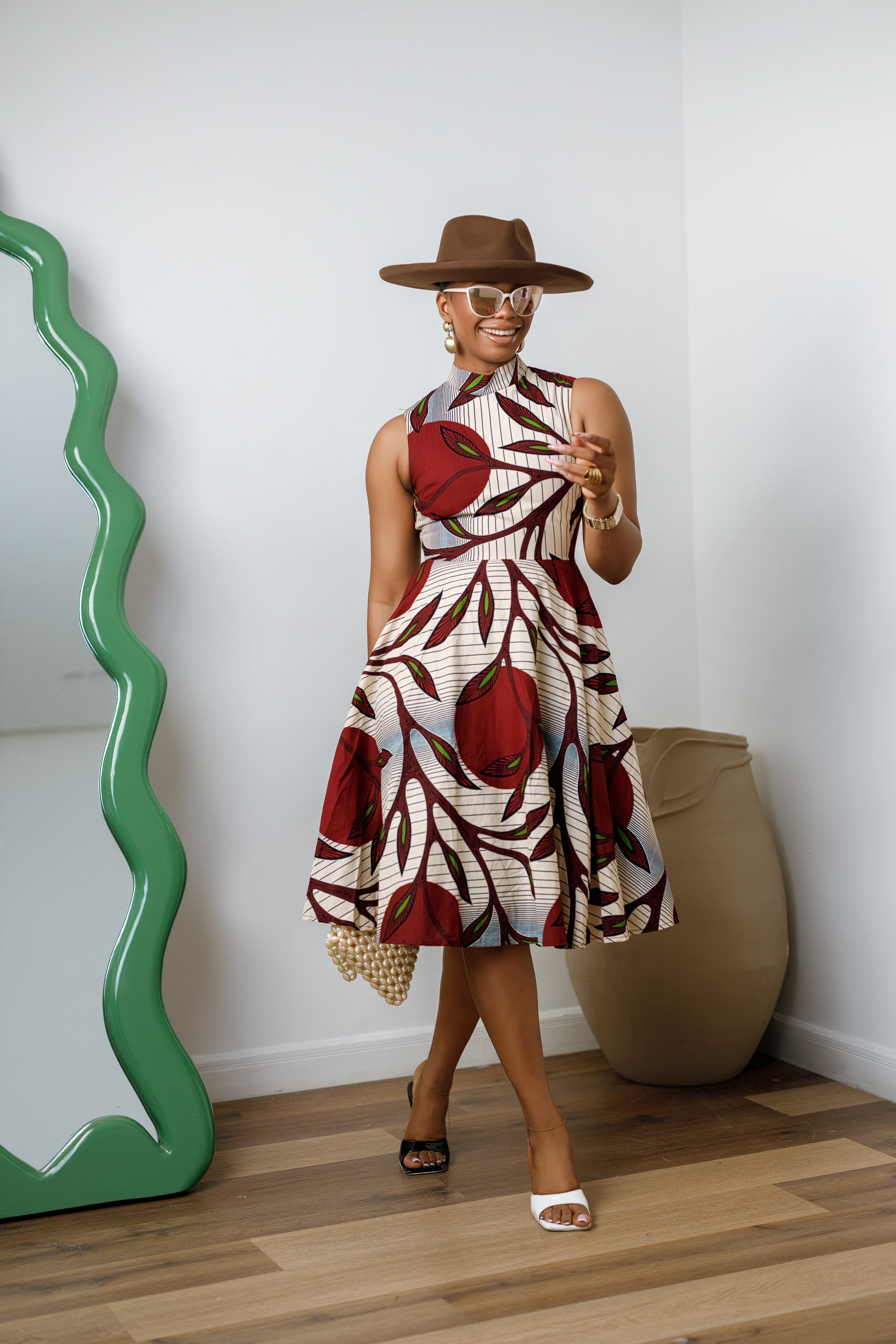 ZURI AFRICAN PRINT SLEEVELESS HIGH NECK MIDI DRESS [RED] - DEA collection