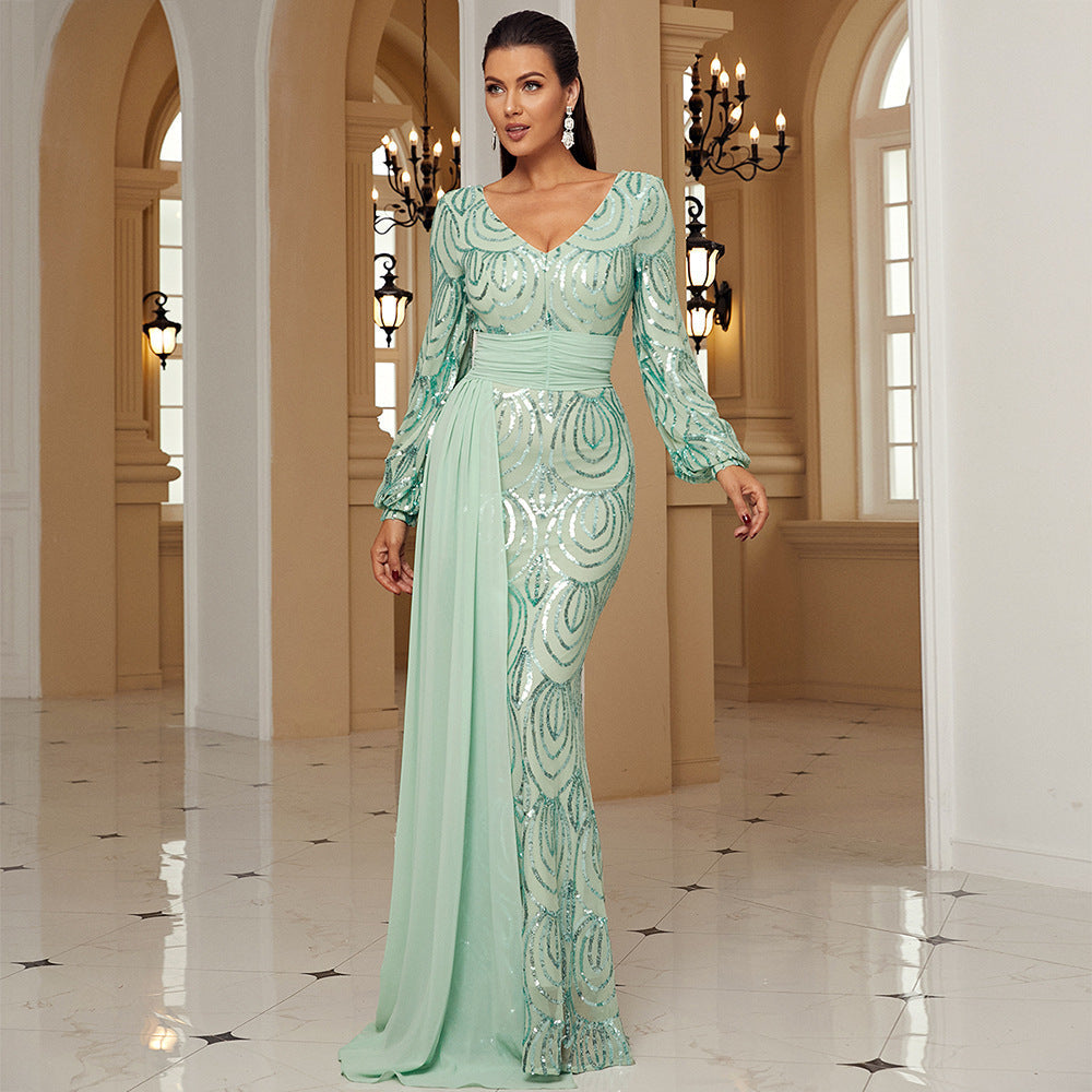 Long Sleeve Sexy Long Sequined V-neck Banquet Ribbon Evening Dress - DEA collection