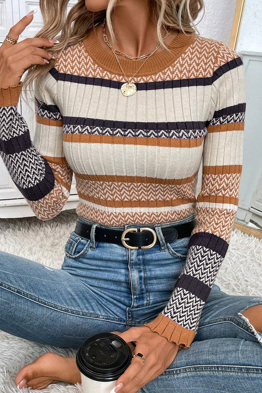 Brown Stripe Chevron Pattern Knitted