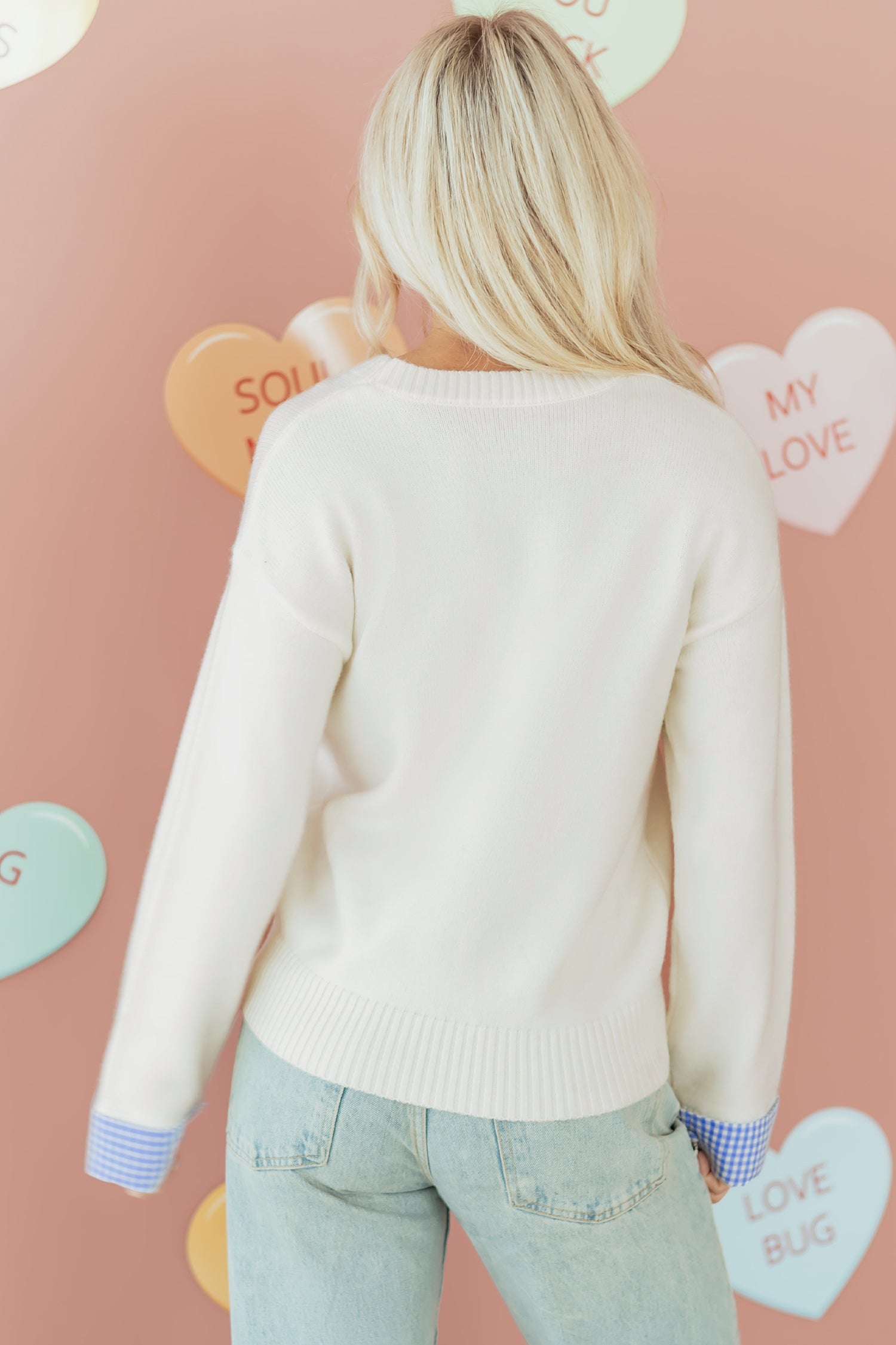 Light Pink Plaid Heart Embroidered
