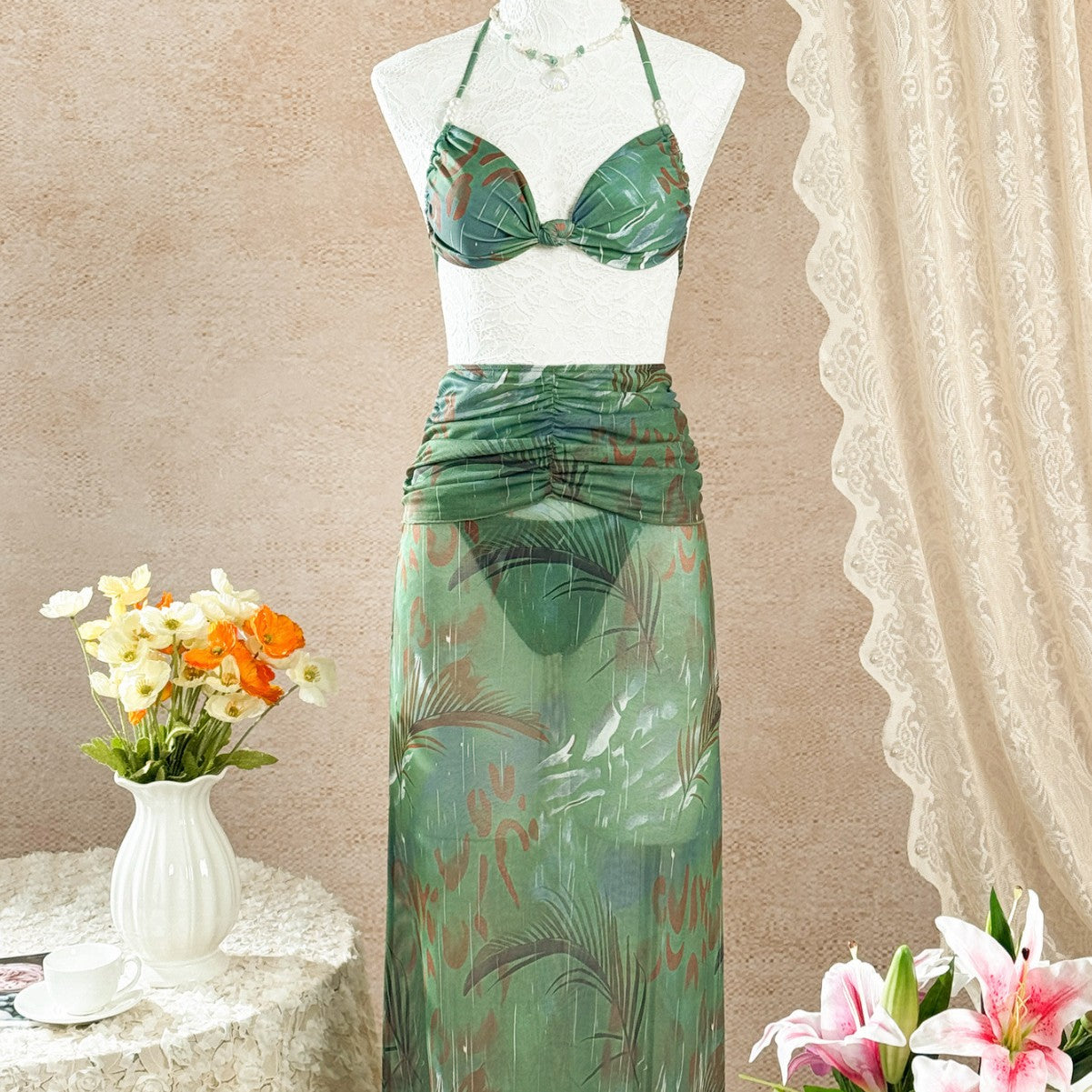 Sexy Knot Backless Halter Bikini Set with Print for Women - DEA collection