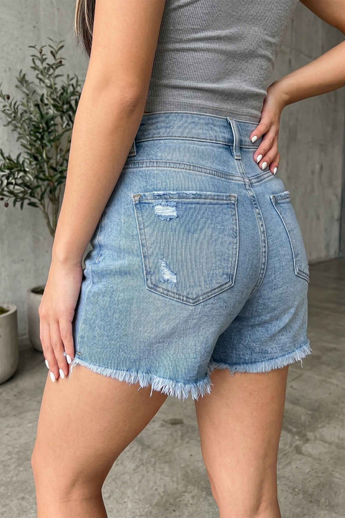 Beau Blue Asymmetric Raw Hem Distressed Whiskery Denim Shorts