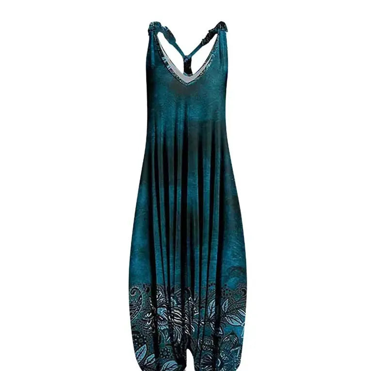 Casual SexyPrinted Sleeveless Loose Knit Cotton Blend Overalls Pants - DEA collection
