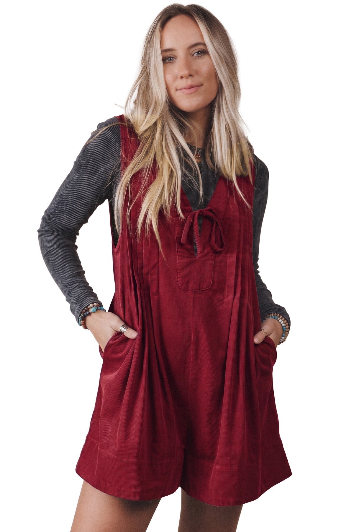 Cinnamon Solid Color Tie V Neck Sleeveless Corduroy Romper