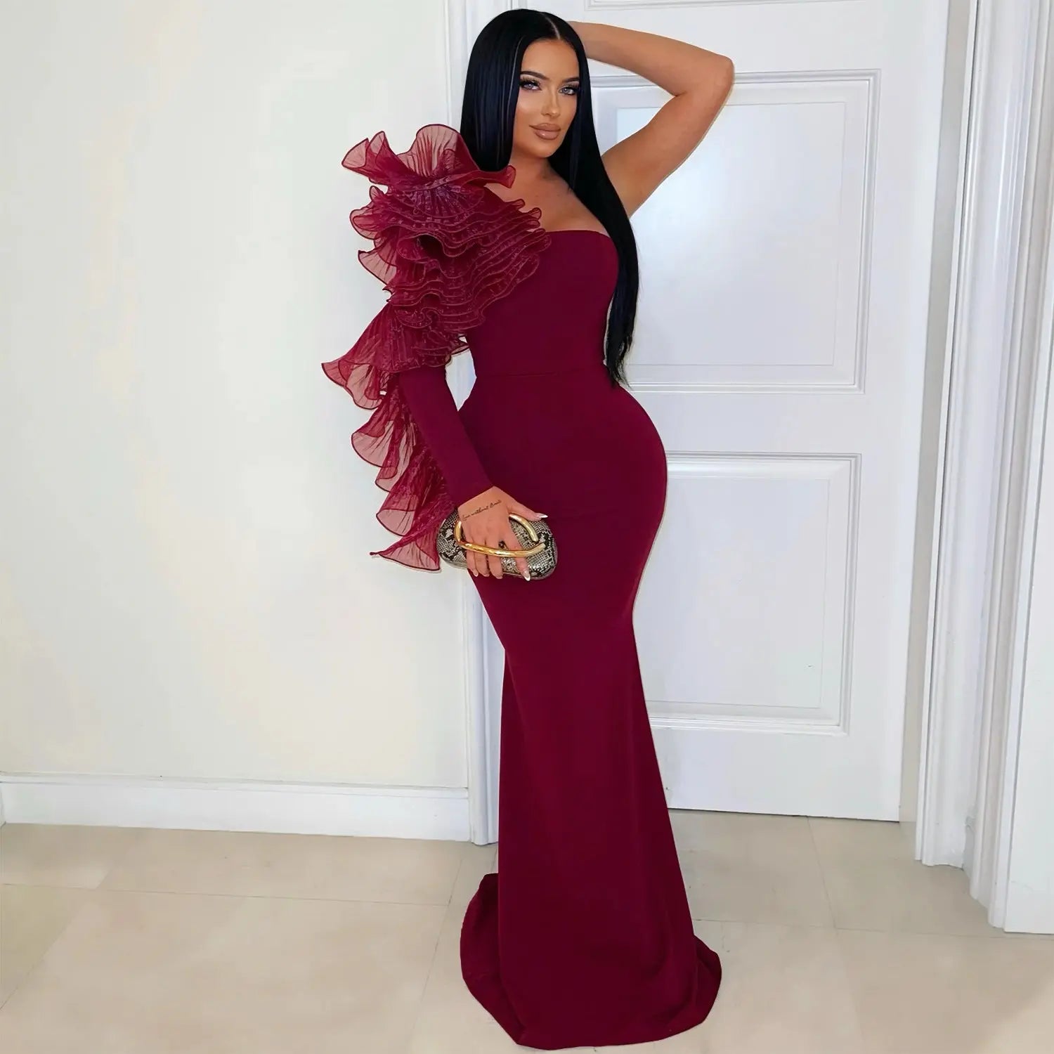 Fashion Elegant Single Ruffle Sleeve Fitted Dress for Women - DEA collection