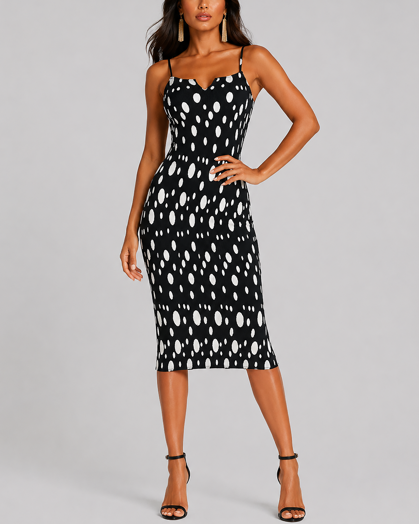 Women's Fashion Black Background White Polka Dot Organza Pleated Strapless Slimming Dress - DEA collection