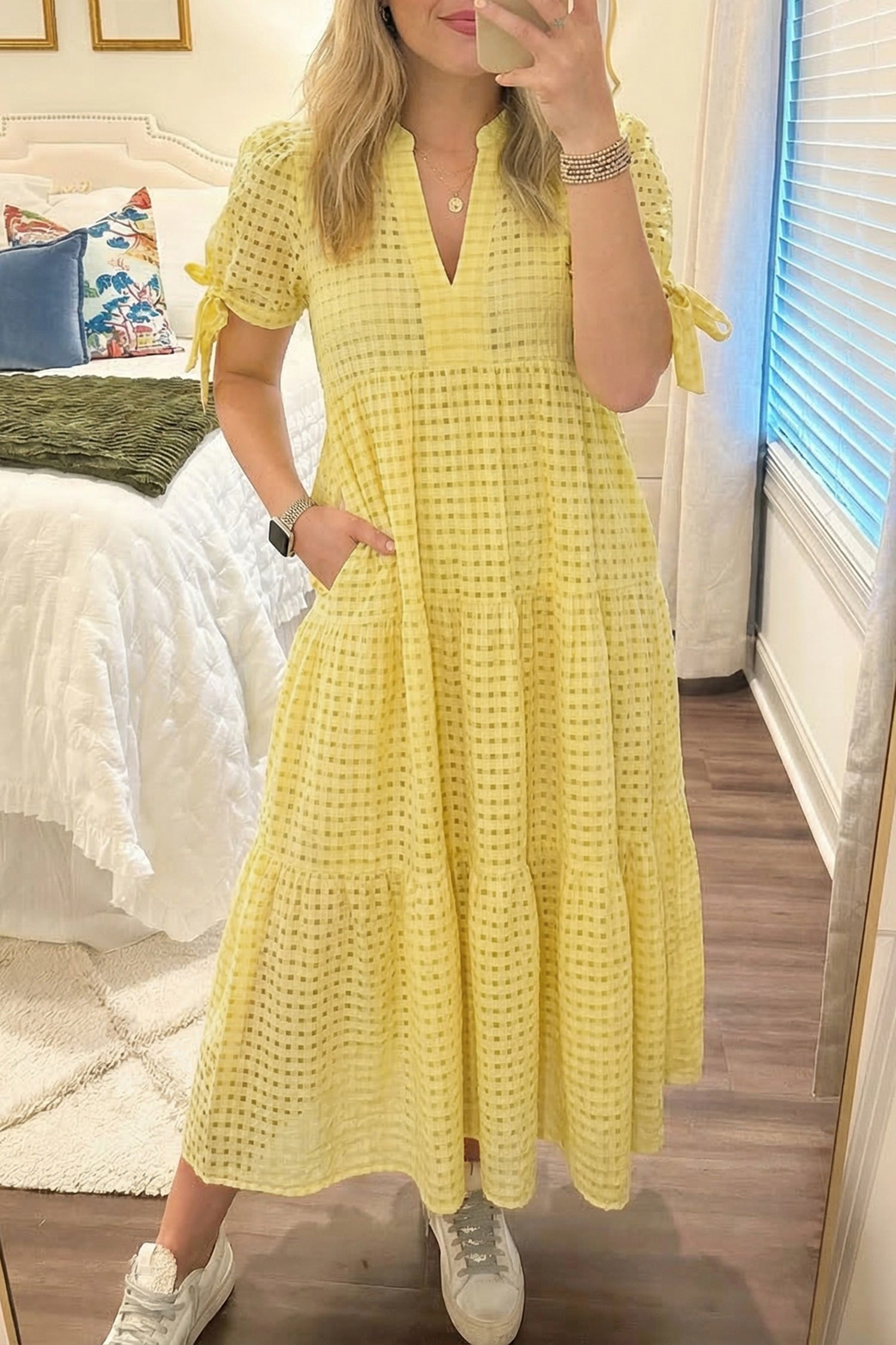 Gingham Bow Tie Tiered Midi Dress