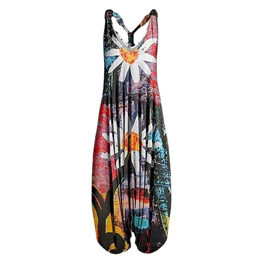 Casual SexyPrinted Sleeveless Loose Knit Cotton Blend Overalls Pants - DEA collection