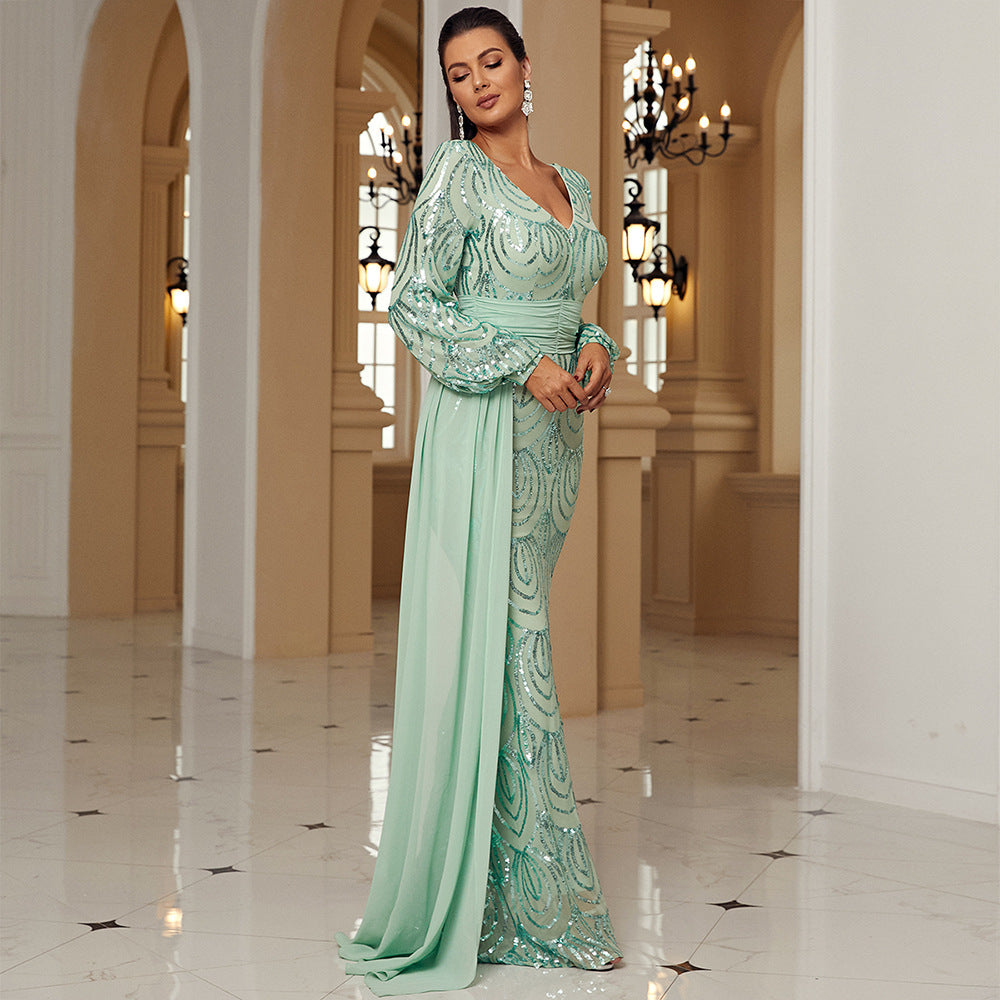 Long Sleeve Sexy Long Sequined V-neck Banquet Ribbon Evening Dress - DEA collection