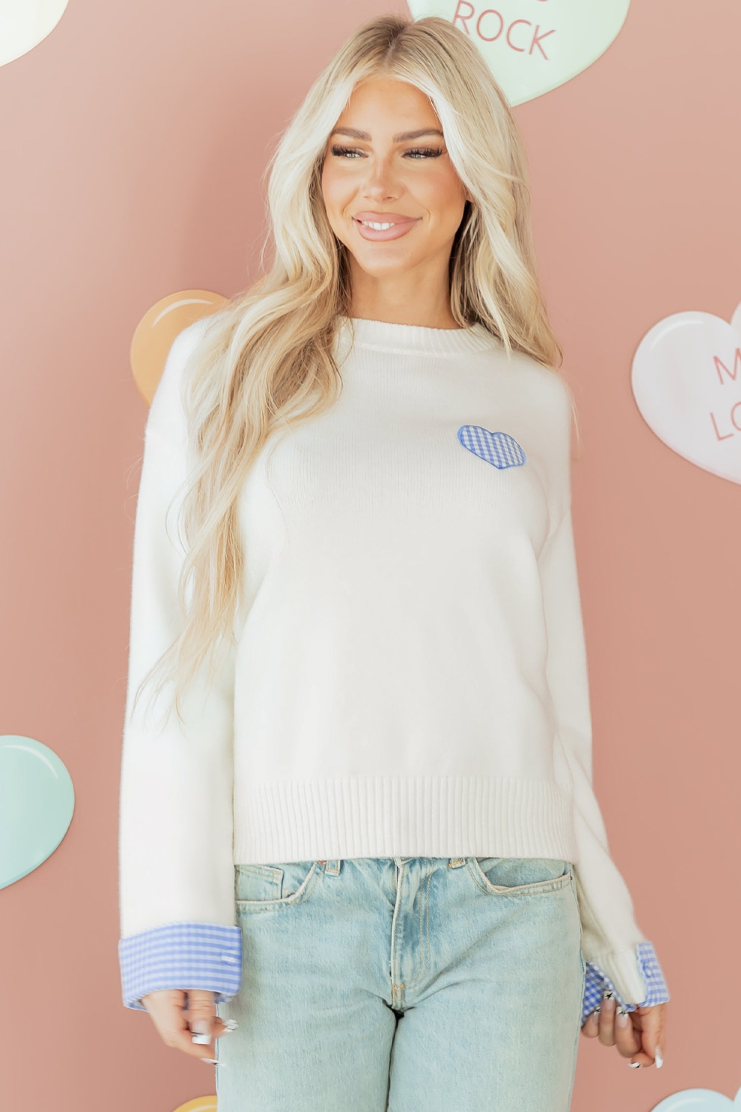 Light Pink Plaid Heart Embroidered