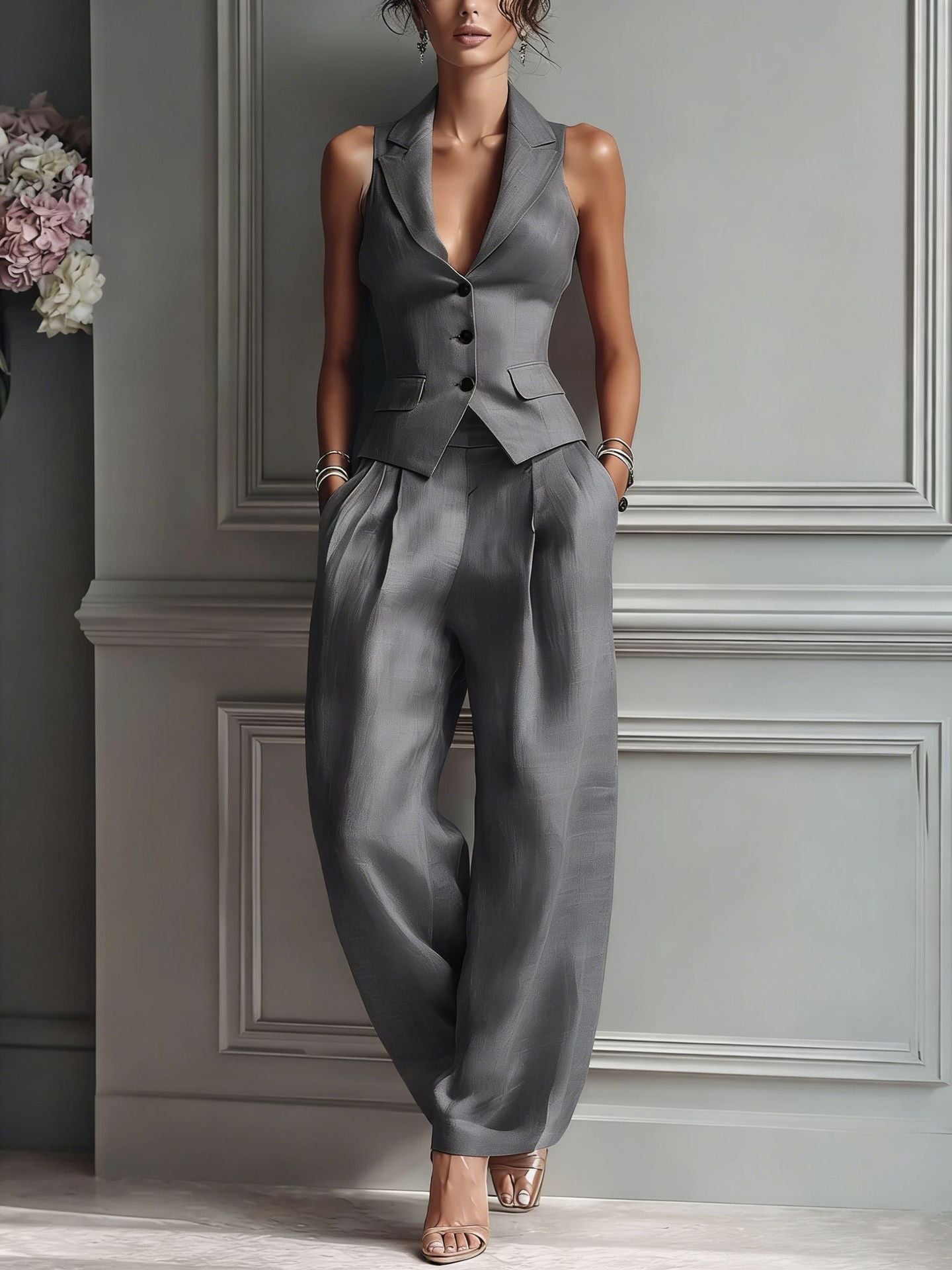 Flip collar single breasted vest long pants two-piece set - DEA collection