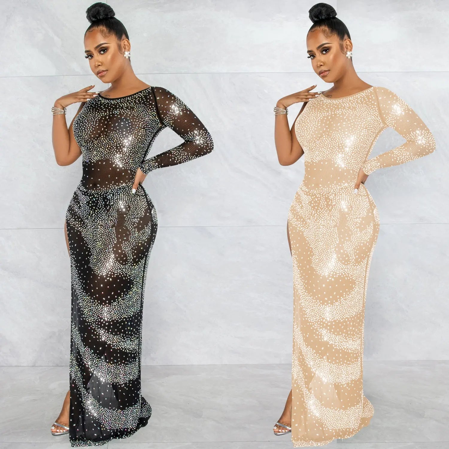 Rhinestone Single Long Sleeve Slit Maxi Dress - DEA collection