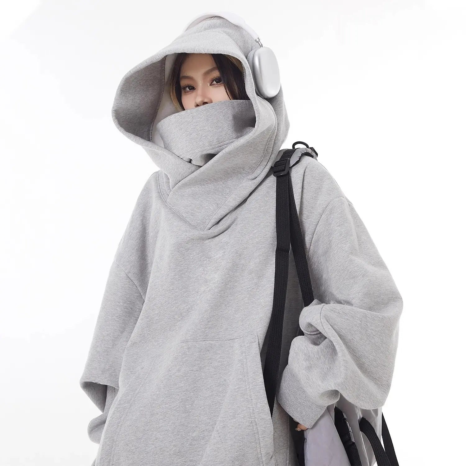 여성 루즈핏 하이넥 플리스 안감 후드티 오버사이즈 M-3XL 블랙 그레이