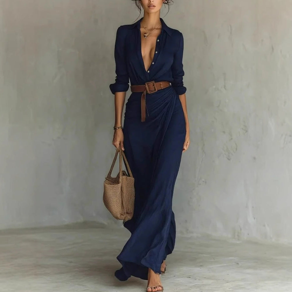 Irregular Long Dress With Belt Fashion And Elegant Button Lapel Long-sleeved Shirt Dresses Daily Office Commuting Clothing For Women - DEA collection