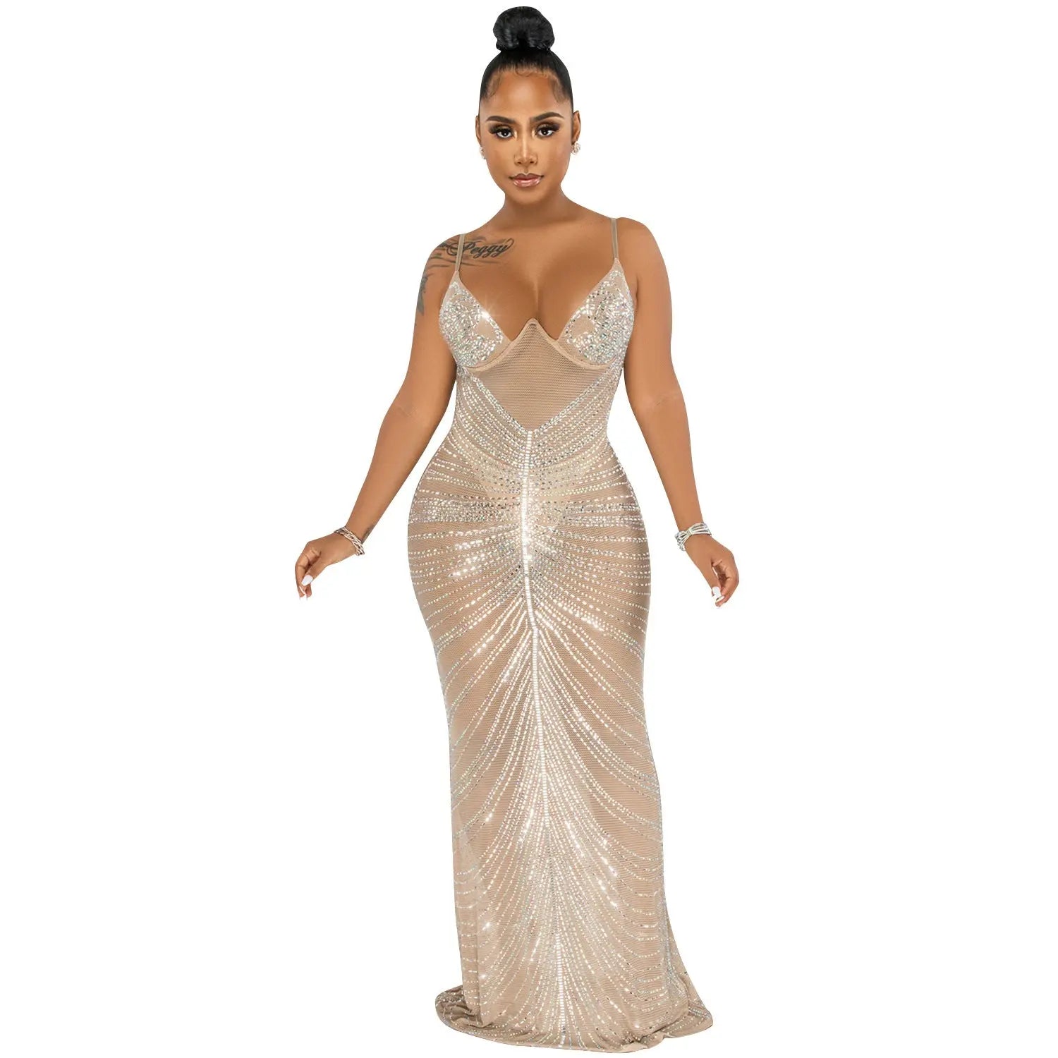 Beaded Strapless Mesh Long Dress - DEA collection