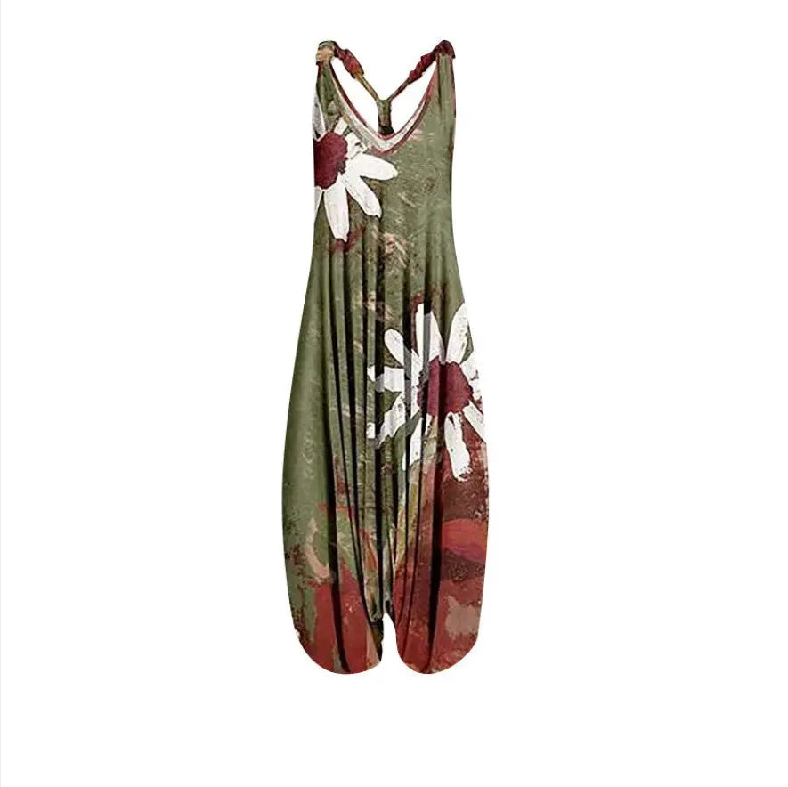 Casual SexyPrinted Sleeveless Loose Knit Cotton Blend Overalls Pants - DEA collection