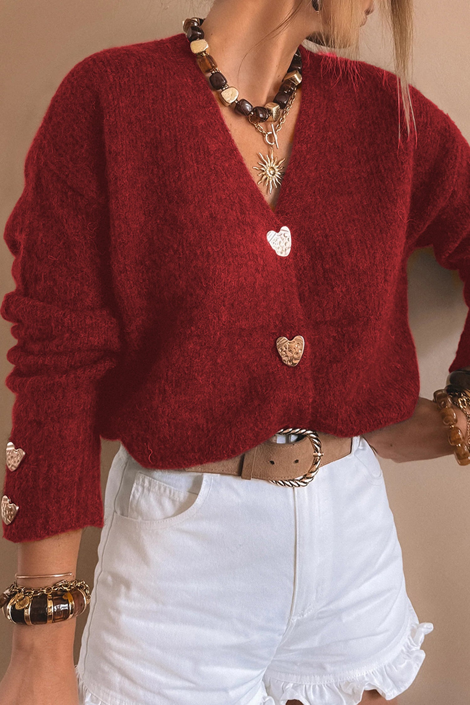 Metallic Heart Button Knit Cardigan