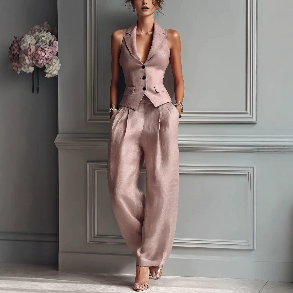 Flip collar single breasted vest long pants two-piece set - DEA collection