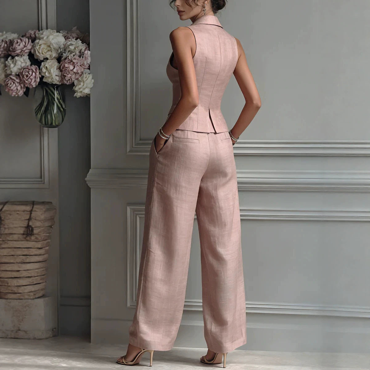 Flip collar single breasted vest long pants two-piece set - DEA collection
