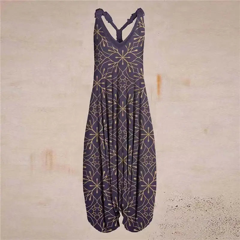 Casual SexyPrinted Sleeveless Loose Knit Cotton Blend Overalls Pants - DEA collection