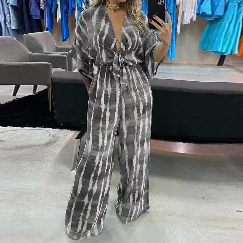 Style Printed Five-Quarter Sleeve V-Neck One-Piece Jumpsuit - DEA collection
