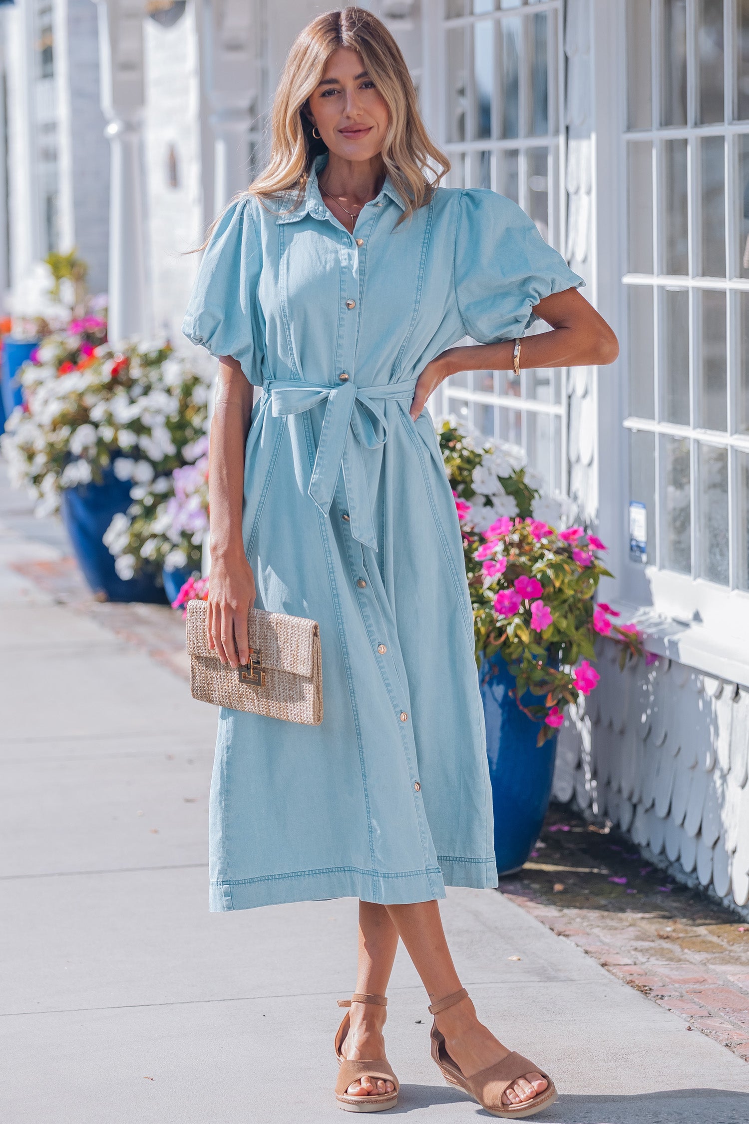 Bubble Sleeve Button Denim Dress