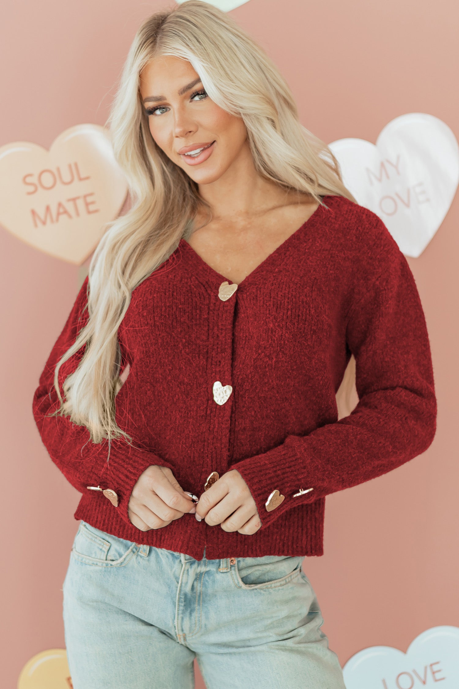 Metallic Heart Button Knit Cardigan