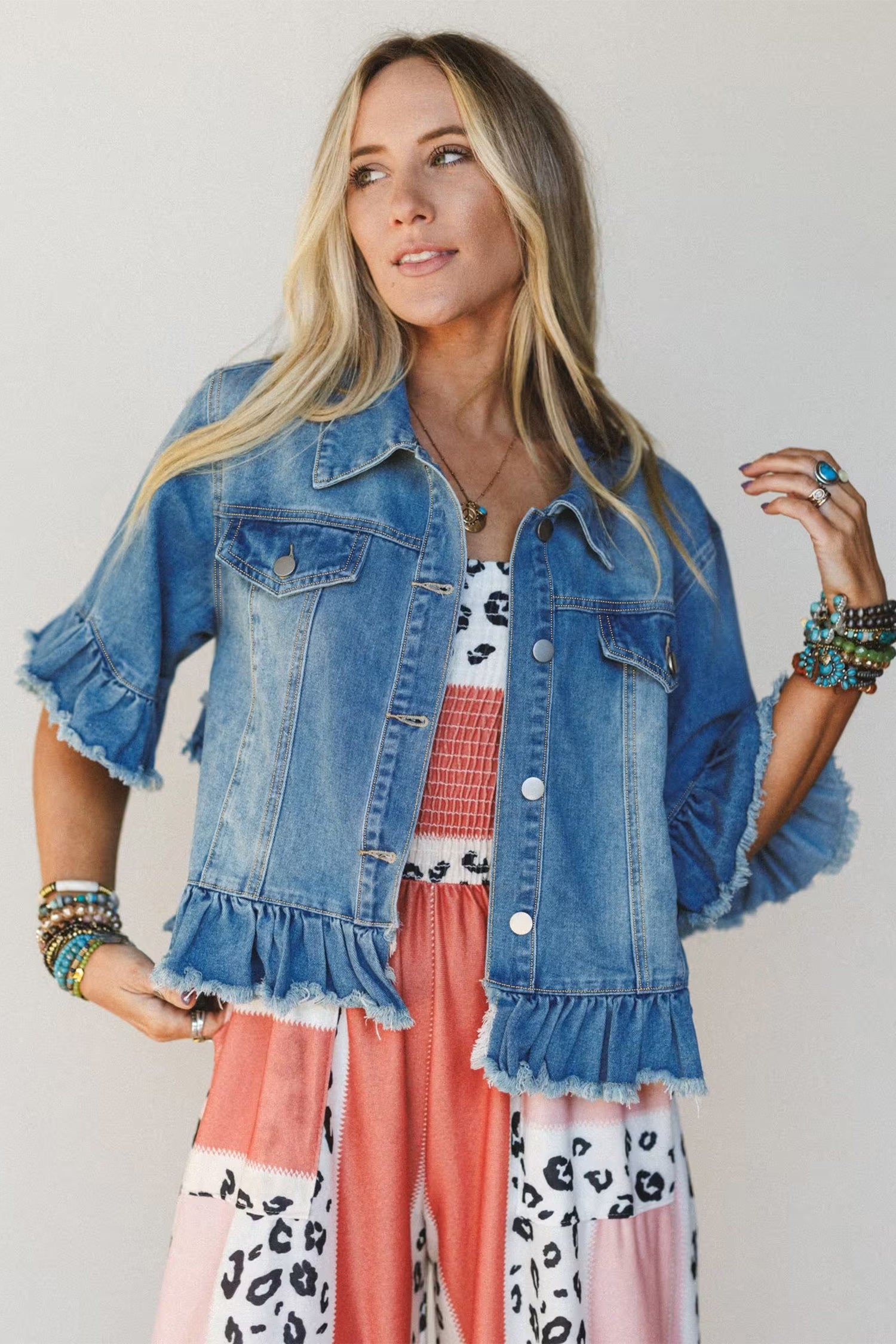 Ruffle Hem Raw Edge Denim Jacket
