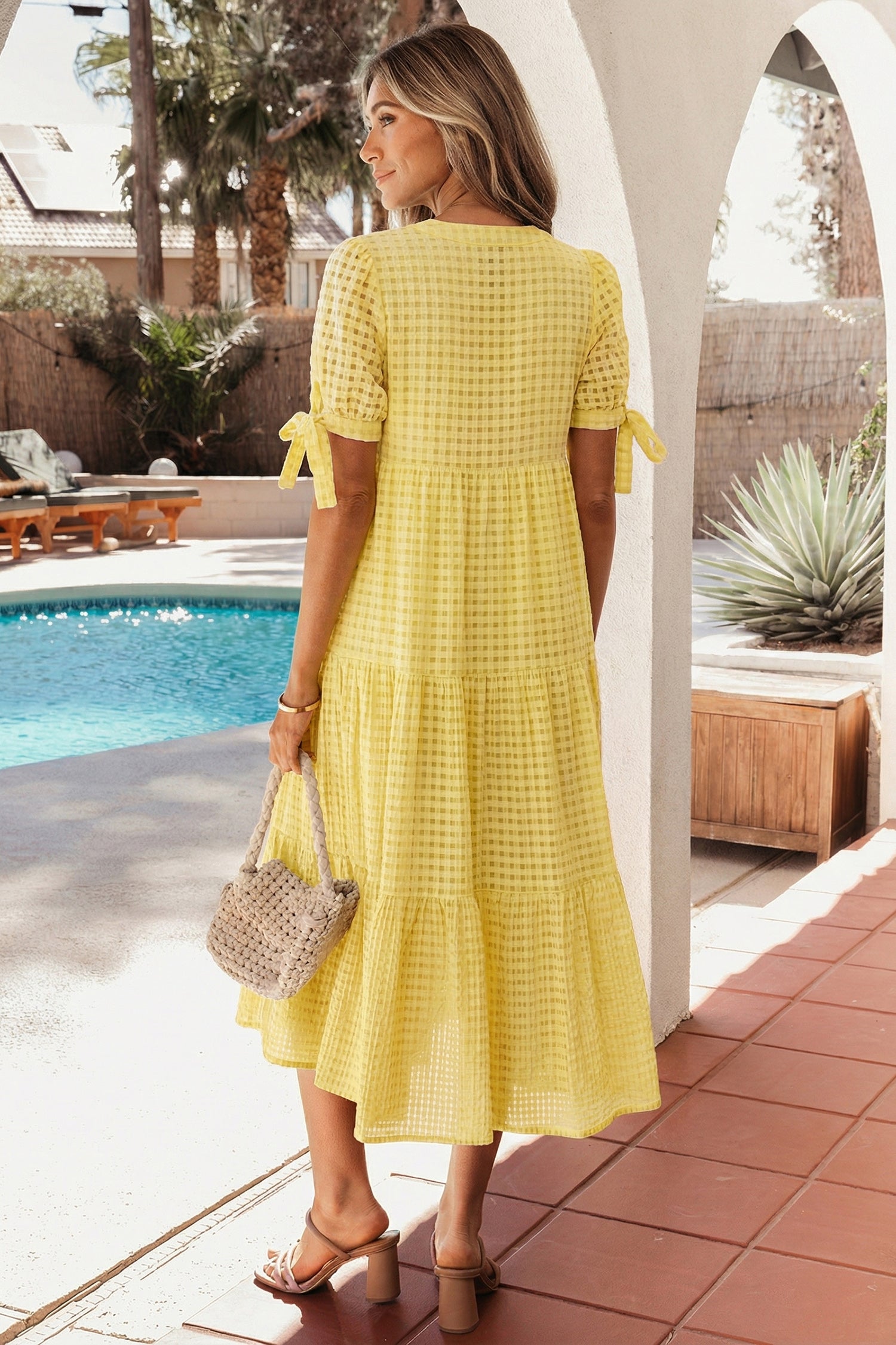 Gingham Bow Tie Tiered Midi Dress