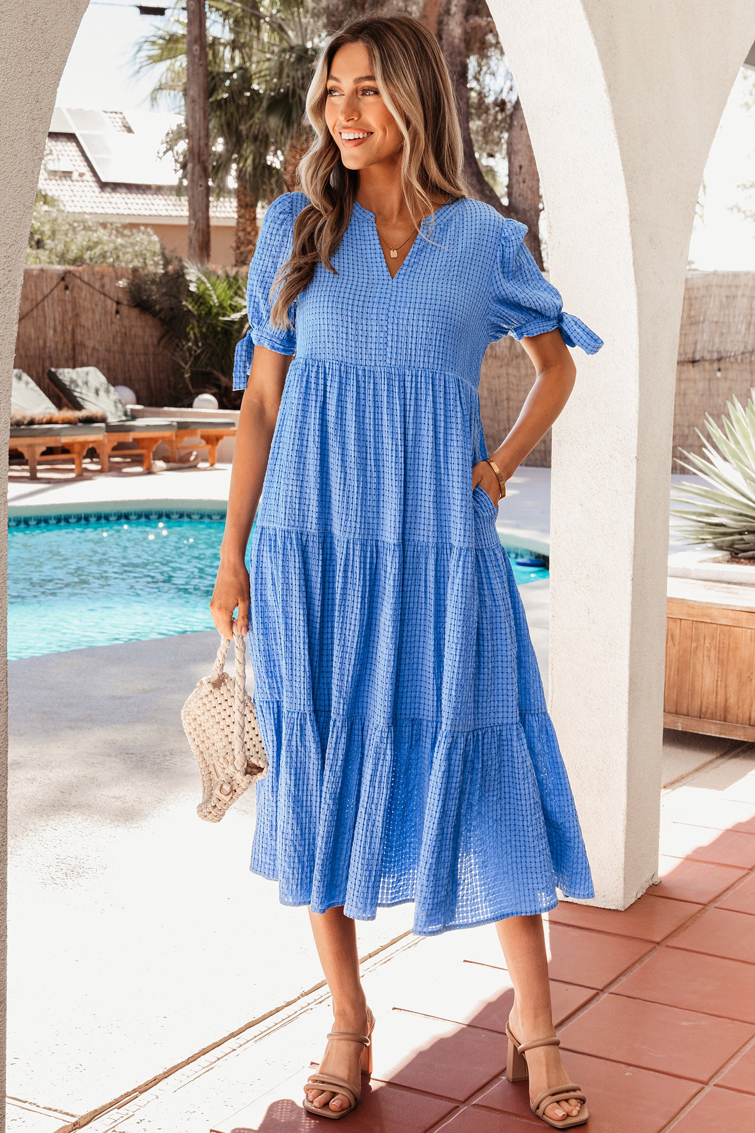 Gingham Bow Tie Tiered Midi Dress