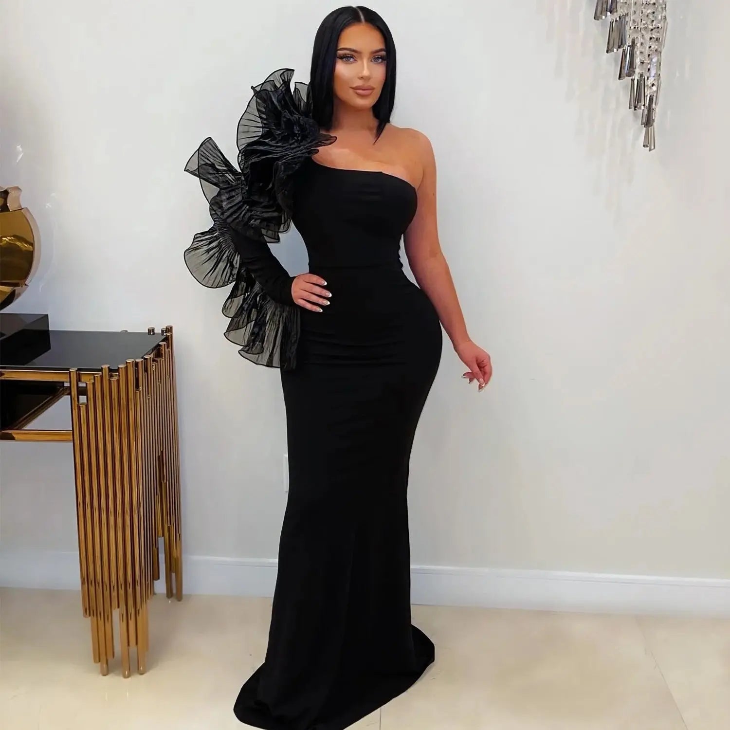 Fashion Elegant Single Ruffle Sleeve Fitted Dress for Women - DEA collection