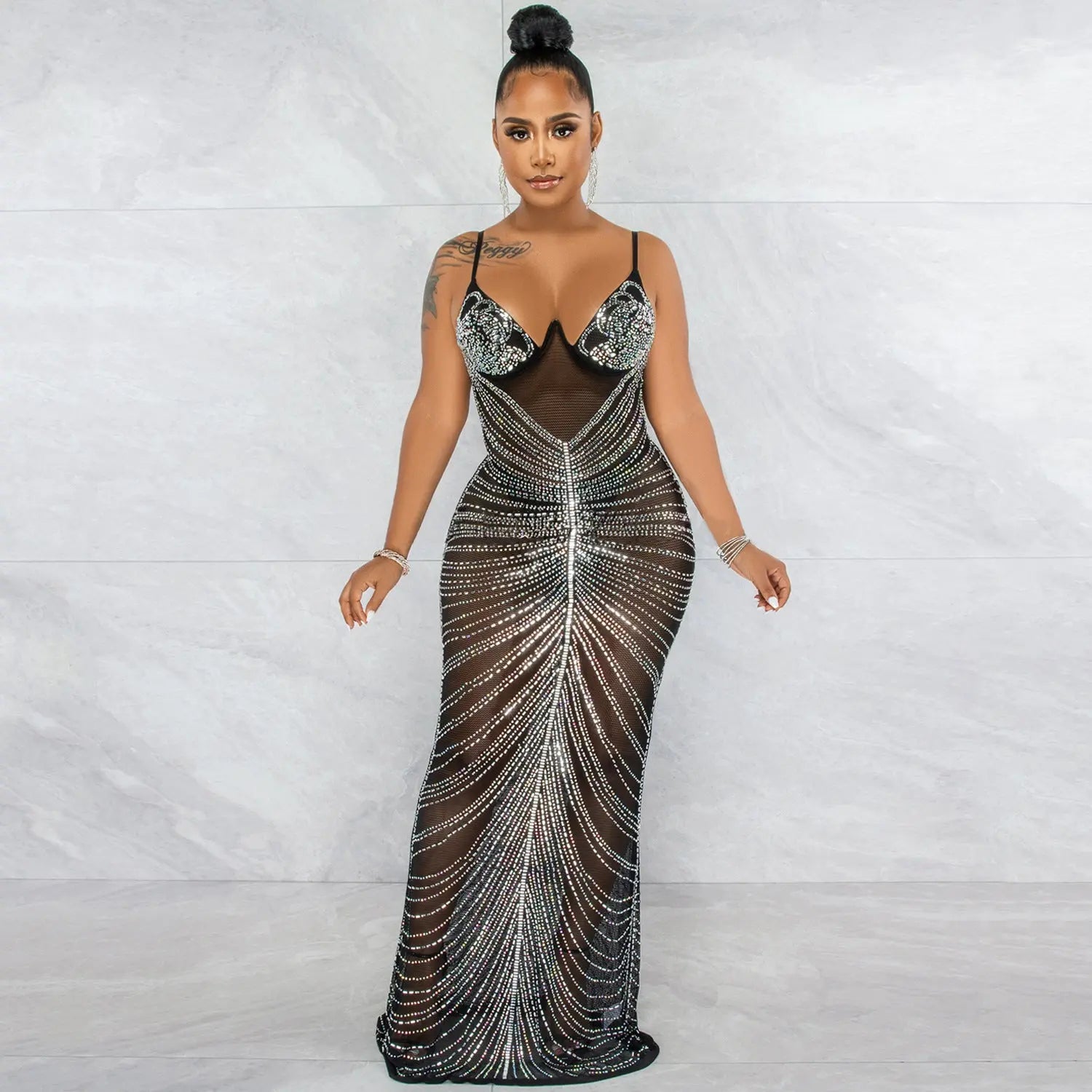 Beaded Strapless Mesh Long Dress - DEA collection