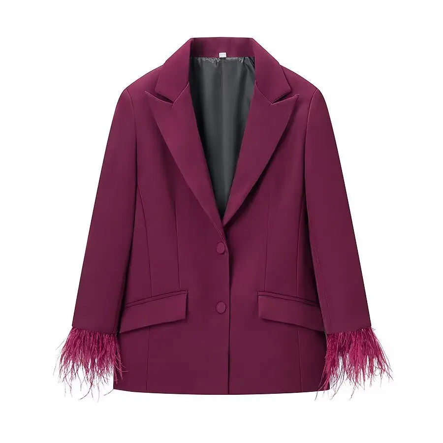 Commuter style feather decorated jacket+high waisted pants set - DEA collection