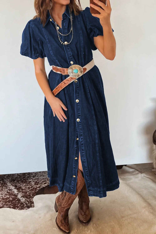 Bubble Sleeve Button Denim Dress
