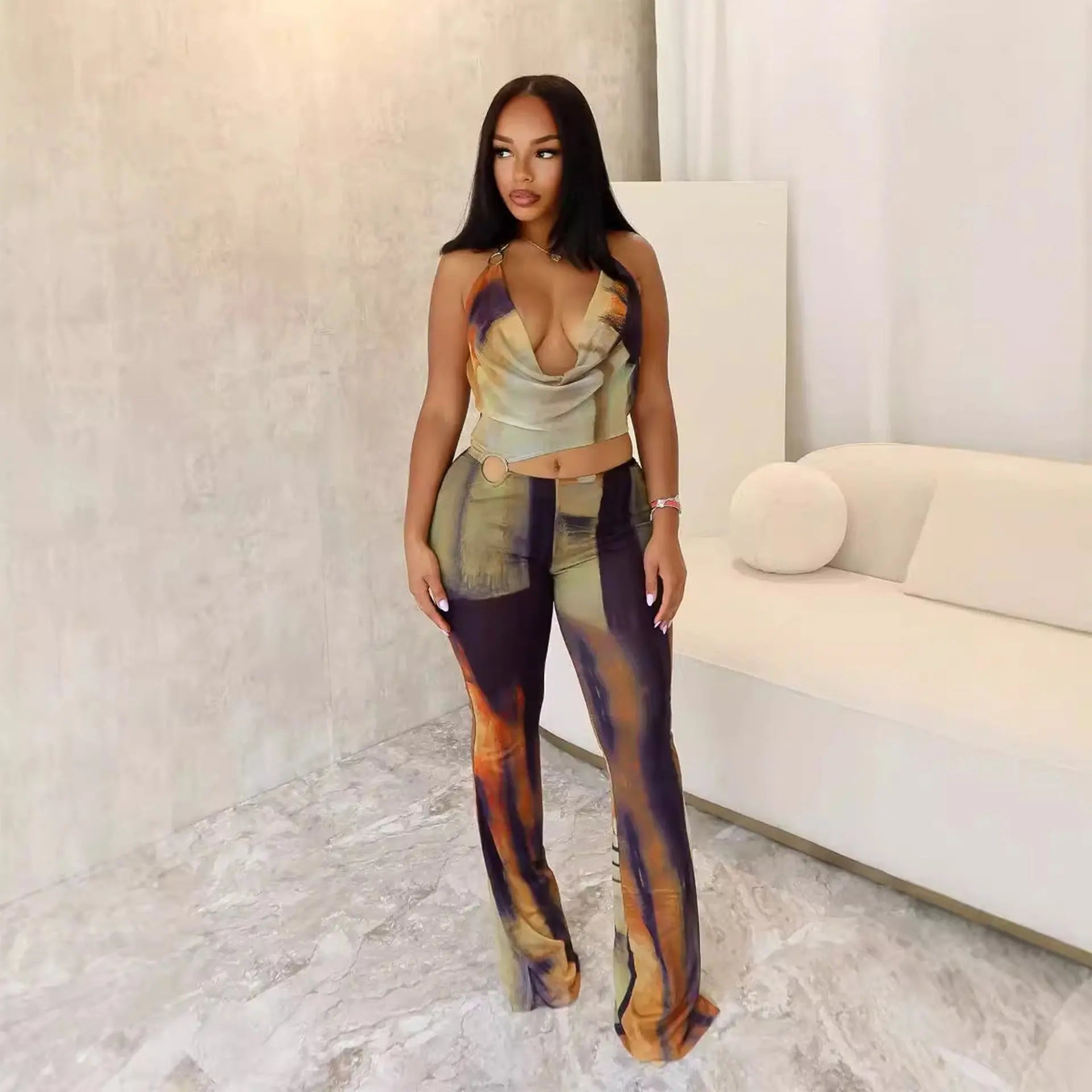 Sheer Mesh Printed Wide-Leg Jumpsuit - DEA collection