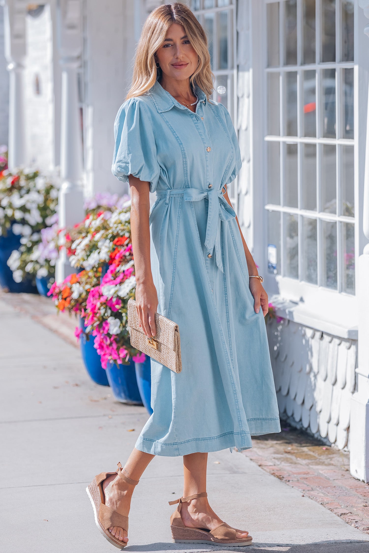 Bubble Sleeve Button Denim Dress