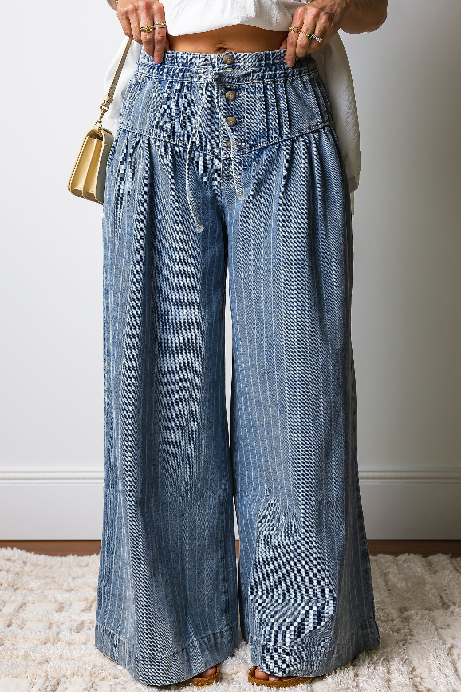 Stripe Pleated Wide Leg Jeans