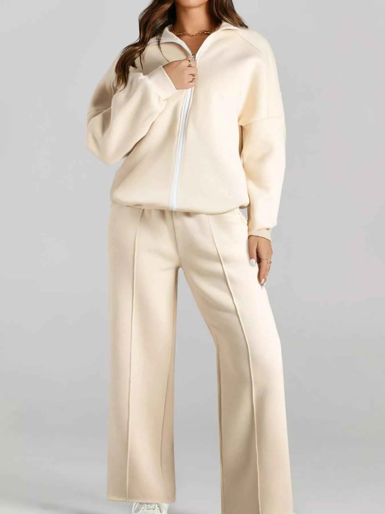 Drop Shoulder Zip Up Jacket and Drawstring Pants Active 2pcs Set