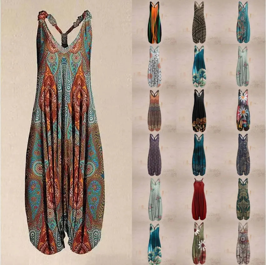Casual SexyPrinted Sleeveless Loose Knit Cotton Blend Overalls Pants - DEA collection